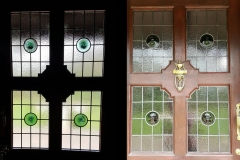 Domestic front door with unusual shaping around the central 'boss'.