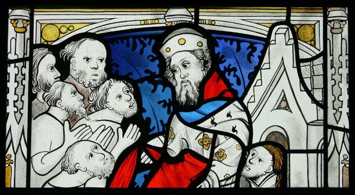 Corporal Acts of Mercy stained glass panel by Muna Zuberi